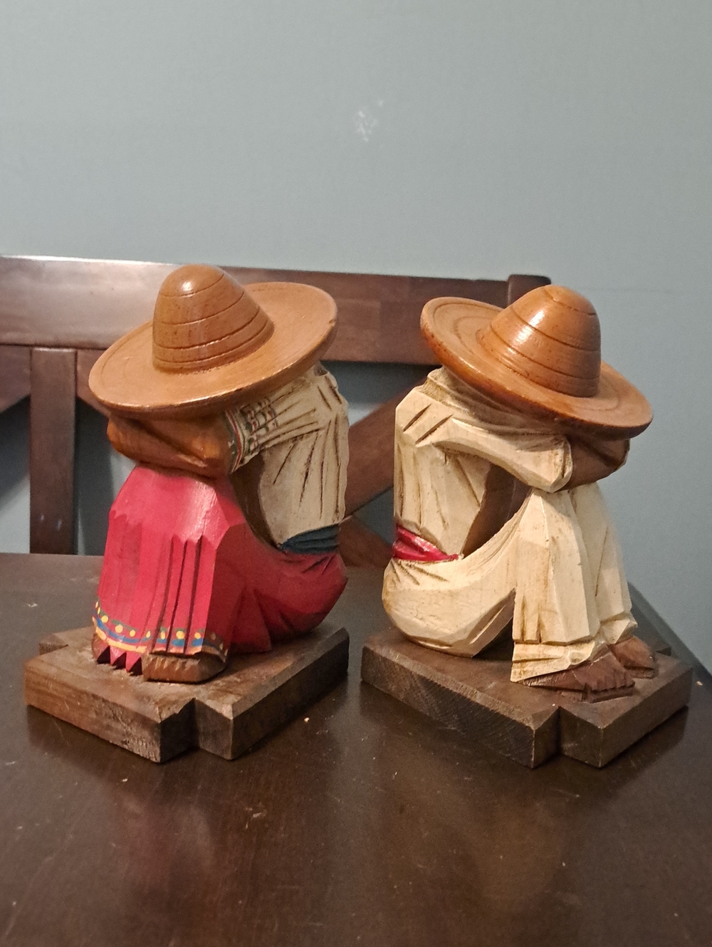 Vintage 1950s Hand Carved Mexican Folk Art Siesta Sombrero Couple Wooden Bookend